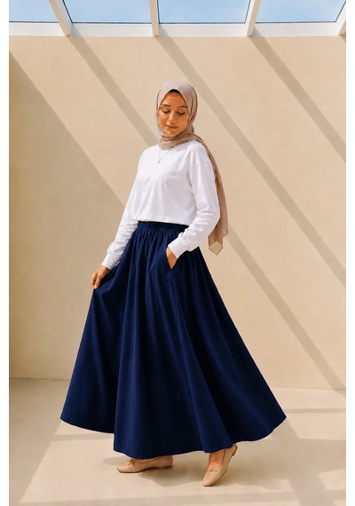 Kadın Lacivert Cepli Beli Lastikli Poplin Uzun Etek 90 Cm