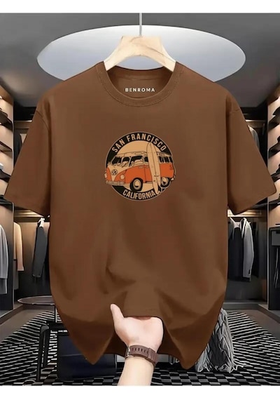 Woswos Baskılı Oversize Tişört Kahverengi