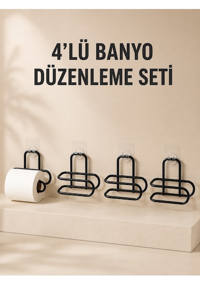 4 Adet Yapışkanlı Tuvalet Kağıdı Askısı Siyah Metal Delmeden Duvara Monte Wc Kağıtlık Diğer