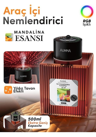 Auhma Af-09 Araç İçi Hava Nemlendirici & Koku Makinesi Mandalina Esansı 500ml Aromaterapi Difüzör +