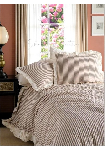 Kahve-bej % 100 Pamuk Fırfır İplik Boyalı Çift Kişilik Nevresim Takımı,modern Çizgili Yorgan Ve Çarşaf Seti Çok Renkli