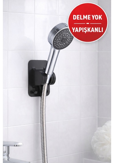 Yapışkanlı Duş Başlığı Tutucu Ayarlı Delmeden Duvara Monte Siyah Duş Askısı Siyah Diğer