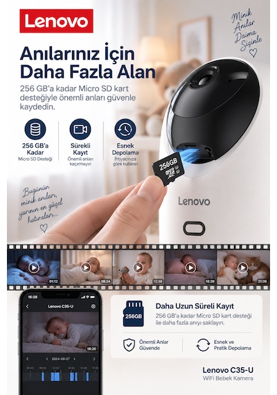Lenovo Ev Kamerası 3'lü Set 2k 3mp, Wifi, Sesli, 360 Ptz, Mobil Kontrol, Hareket Takip, Iç Mekan Kamera Lnv35cset