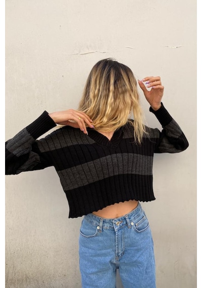 Madmext Antrasit V Yaka Çizgili Crop Kadın Kazak Mg1441 - Antrasit
