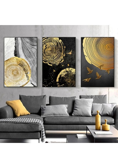 Çizgilerin Sonsuzluğu - Gerçek Cama Baskı Gold Alüminyum Metal Çerçeveli 3'lü Modern Tablo