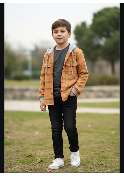 Gala Kareli Kapüşonlu Ünisex Çocuk Gömlek Hardal