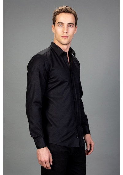 Tudors Modern Slim Fit Dar Kesim Armürlü Erkek Gömlek-13859 Siyah