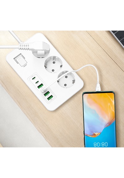 Akım Korumalı 3 Lü Priz 2 Usb-c + 4 Usb-a Hızlı Şarj, 2m Kablo, Çocuk Korumalı Çoklu Priz 0 - 2 M