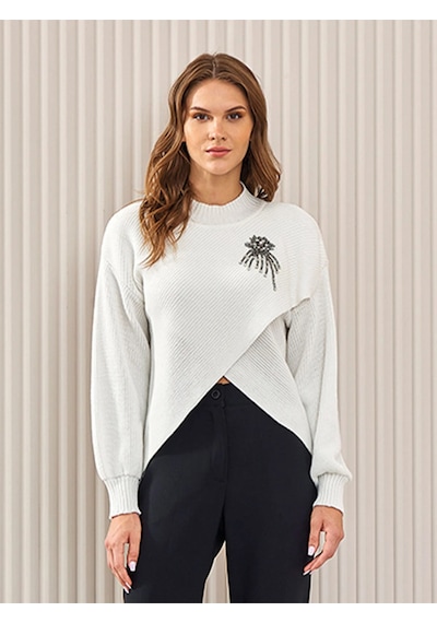 Unique Mode Minimalist Taş Detaylı Crop Kazak Siyah