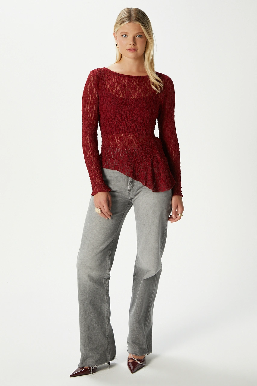 Ritnice Angel Asimetrik Bordo Uzun Kollu Dantel Top / Bluz Bordo