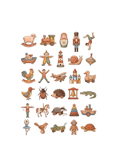 30 Adet Nostaljik Ahşap Oyuncak Sticker Seti - Defter, Laptop, Ajanda İçin Çok Renkli