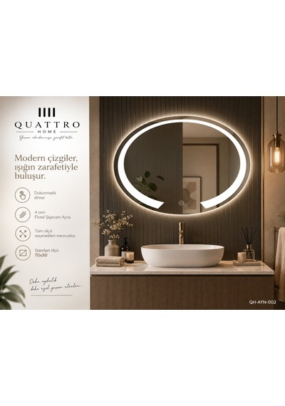 Kesik Oval Işıklı Banyo Aynası 70 50 100-80 Çap Açık Gri