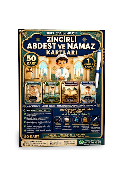 Erkek Çocuklar İçin Zincirli Abdest Ve Namaz Kartları 50 Kart + Silinebilir Kalem
