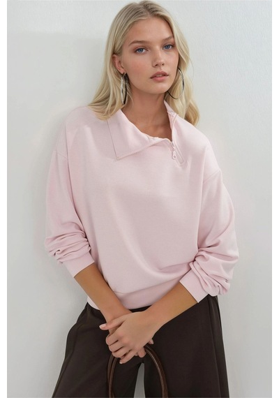 Hiccup Busem Rahat Kesim Fermuarlı Yaka Sweatshirt Pembe
