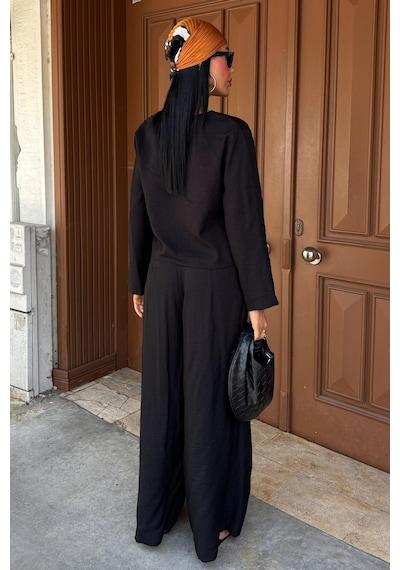 WeShaya Kadın Siyah Keten Oversize İkili Takım Siyah