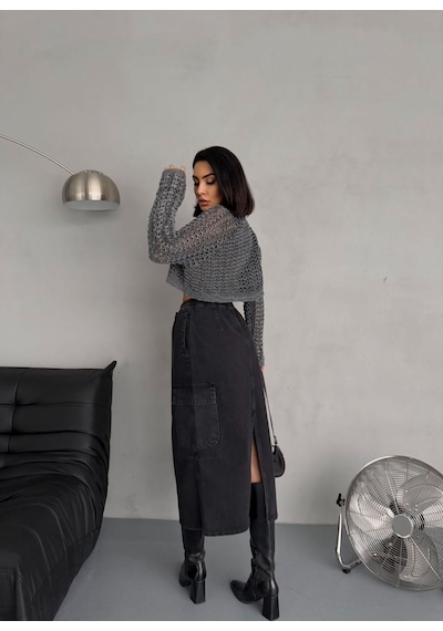 Zeo Basic Beli Lastikli Füme Maxi Denım Etek Siyah/Füme