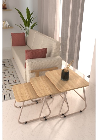 Vilinze Zigana Çok Amaçlı Vizon Metal Ayak 3'lü Naturel Mdf Zigon Sehpa Vizon-naturel