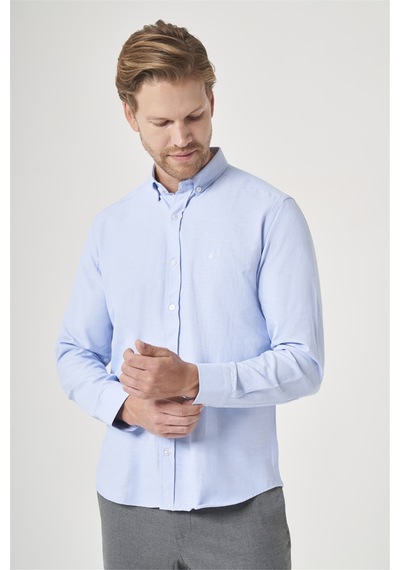 İmza Mavi Düğmeli Yaka Oxford Slim Fit Pamuklu Gömlek 1004265284