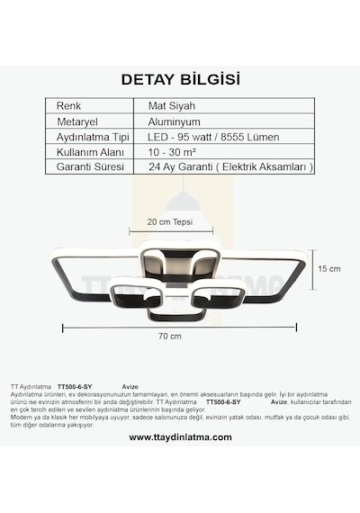 Tt500-6-sy Tt Aydınlatma Gün Işığı Mat Siyah 6 Lı Led Avize Siyah