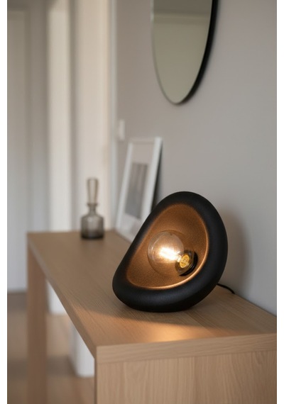 Modern Beton Dokulu Abajur Organik Oval Gece Lambası Masaüstü Komodin Lambası 25 Cm Siyah