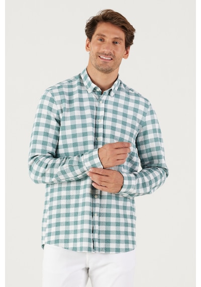 AC&Co / Altınyıldız Classics Erkek BEYAZ YESIL Slim Fit Dar Kesim Düğmeli Yaka Gofre Desenli Gömlek Beyaz - Yeşil
