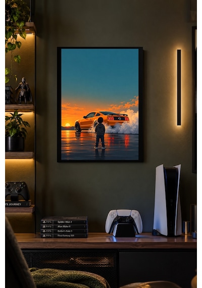 Turuncu Otomobil Ve Figür Desenli Dekoratif Mdf Tablo, Çerçeve Görünümlü Ahşap Poster