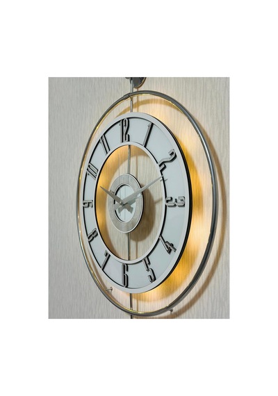 Pey Aksesuar Metal Camlı Duvar Saati Krom Statık 50 X 70cm Orta Boy Işıklı M51-kromgrı-şeffaf-beyaz-gümüş Gri