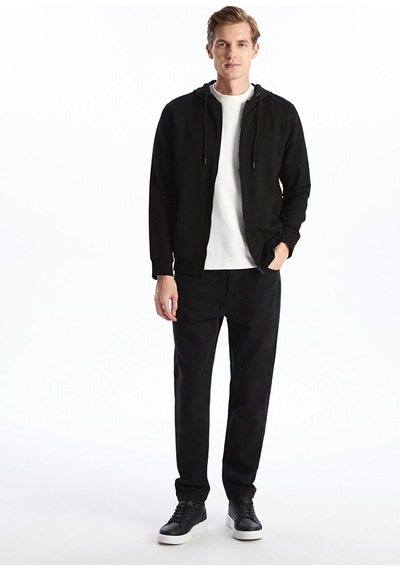 Lcwaıkıkı Basic Siyah Kapüşonlu Basic Erkek Fermuarlı Sweatshirt