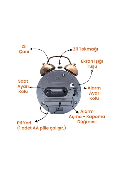 Upway Tokmaklı Çanlı Yüksek Zil Sesli Metal Kasalı Pilli Işıklı Retro Nostaljik Çalar Saat