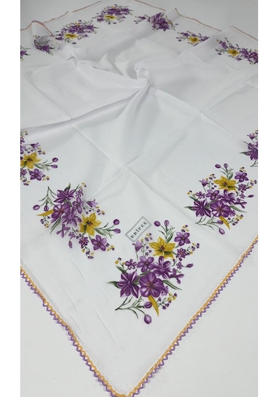 Eripek Oyalı Organik Pamuklu Yazma 0606131 Beyaz-mor