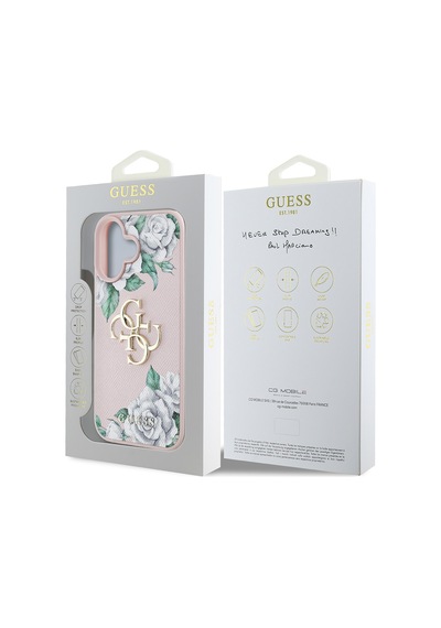 Apple Uyumlu iPhone 16 Kılıf Guess Lisanslı Gül Baskılı Büyük Metal Logo Dizaynlı Kapak Pembe