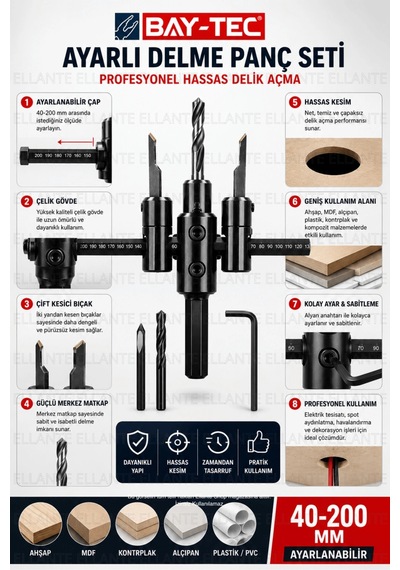 Bay-tec 40-200 Mm Ayarlı Delme Panç Seti Ahşap Mdf Alçıpan Pvc Delik Açma Aparatı