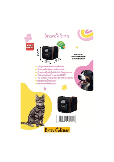 Brave Paws Sp Kedi Köpek Taşıma Çantası Kare Model Yırtılmaz Plastik Fileli Siyah
