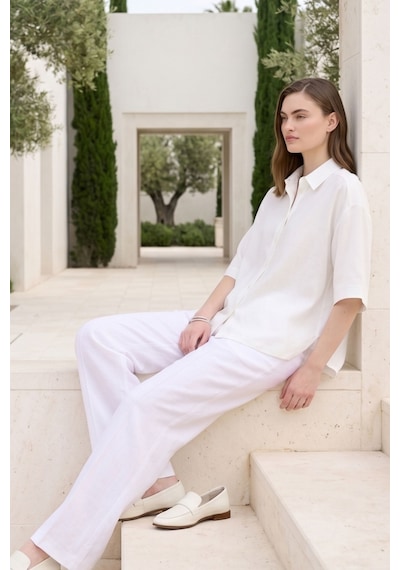 Kadın Beyaz Oversize Keten Görünümlü Gömlek Kısa Kollu Düğmeli Rahat Kalıp Yazlık Gömlek Basic Bluz