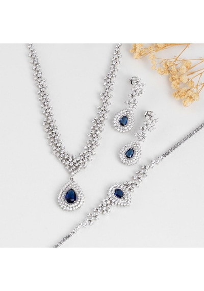 Gümüş Pazarım Hürrem Sultan Modeli Safir Taşllı Damla Motifli 925 Ayar Gümüş Set Gümüş