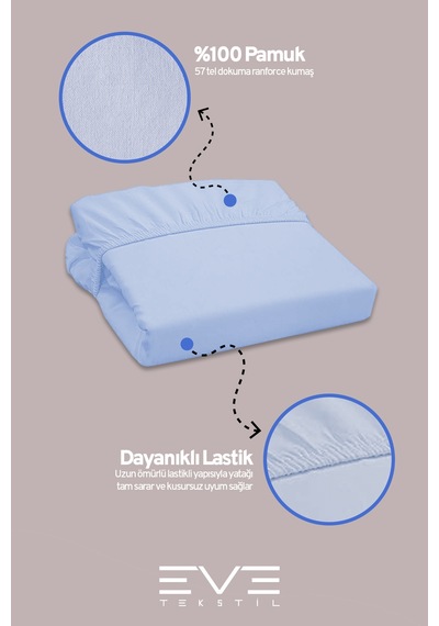 Eve Tekstil Pamuklu Çift Kişilik Rainforce Kumaş Lastikli Çarşaf Ve Yastık Kılıfı Set Mavi