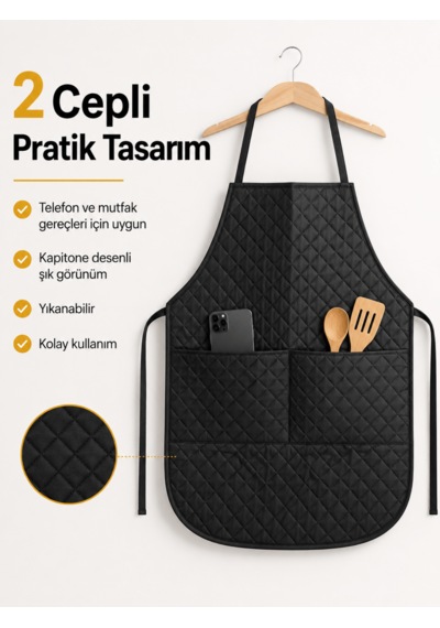 Beylini Kapitone Cepli Mutfak Önlüğü Sıvı Geçirmez Leke Tutmaz Yıkanabilir 2 Geniş Cep Aşçı Yemek Bulaşık Kirlenme Önleyici Önlük Siyah