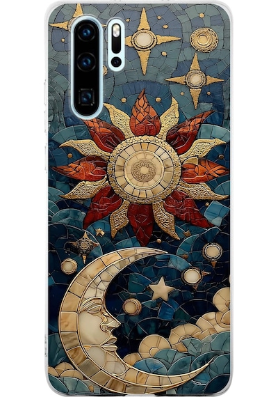Printify Huawei P30 Pro İle Uyumlu Vitray Sol Ve Luna Tasarımlı Şeffaf Silikon Kılıf Şeffaf