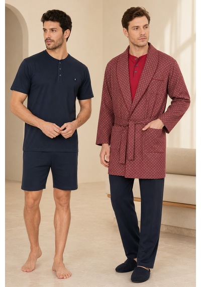 Loule Erkek Bordo Desenli Robdöşambr Ve Pijama Takımı 5 Parça