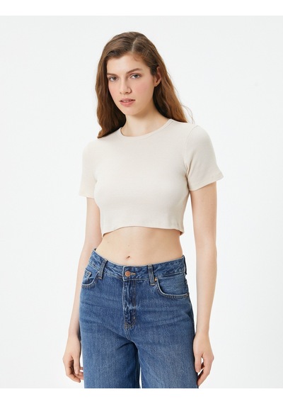 Koton Basic Crop Tişört Ribanalı Kısa Kollu Bisiklet Yaka Slim Fit Bej 4sal10054ık 4SAL10054IK052 Ekru