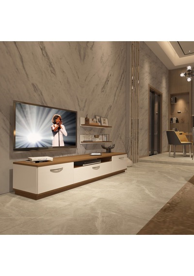 Decoraktiv Trio 4 Mdf Tv Ünitesi Tv Sehpası - Ceviz Beyaz Ahşap - Beyaz
