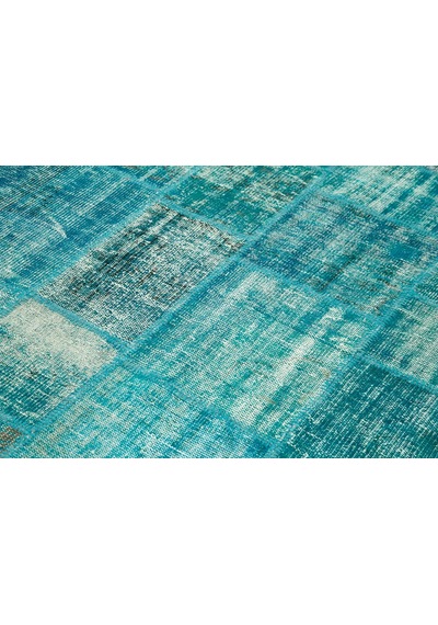 Bespoky Patchwork Turkuaz Geometrik Salon Halısı El Dokuma 31983