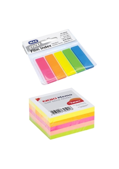 Tr 250'li Yapışkanlı Not Kağıdı 50x50mm + Mas Yapışkan Plastik Film İndex 5'li, Neon Renkler