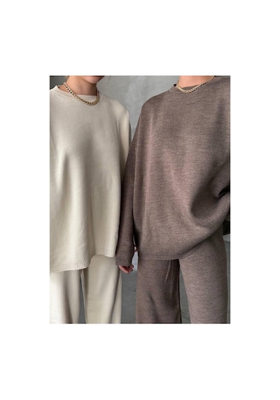 De Pose Oversize Kesim Sade Kadın Triko Takım Krem