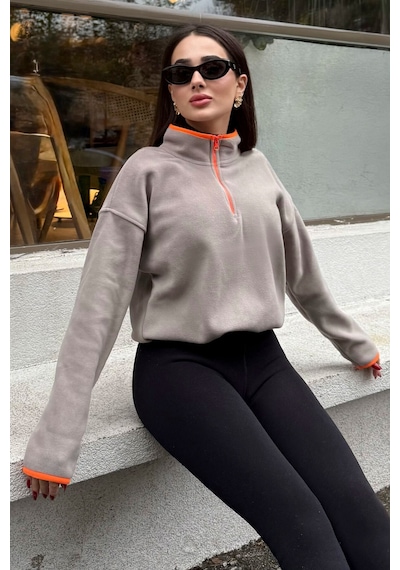 Tommy Life Koyu Bej Yarım Fermuar Etek Ucu Büzgülü Dik Yaka Oversize Kadın Polar Sweatshirt - 97234 Koyu Bej