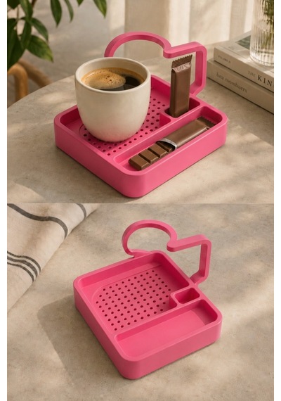 Kahve Sunum Tepsisi Çok Bölmeli Masa Üstü Organizer Kupa Fincan Standı Pla 12.5x11x7 Cm Pembe