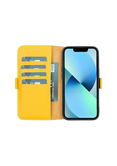 Apple Uyumlu iPhone 13 Deri Cüzdanlı Kılıf Limon Sarı