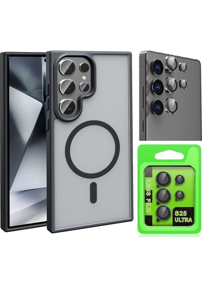 Vendas Samsung Uyumlu Galaxy S25 Ultra Kılıf M-safe Şarj Özellikli Mat Arka Yüzey Zore Sio Kapak + Kamera Lens Koruyucu Siyah