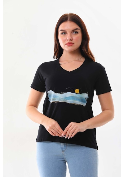 Sistas Kadın V Yaka Kısa Kol Pamuklu Bluz 23101 Siyah