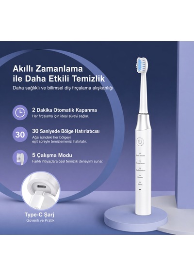 Akıllı Sonik Diş Fırçası 15000 Titreşim/dk 5 Mod Type-c Şarj Ipx7 Su Geçirmez Şarjlı Elektrikli Diş Fırçası